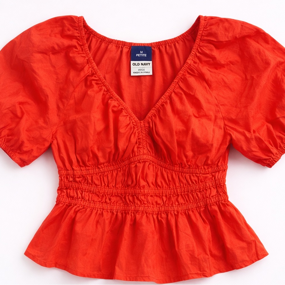 Old Navy Red V-Neck Shirred Peplum Blouse